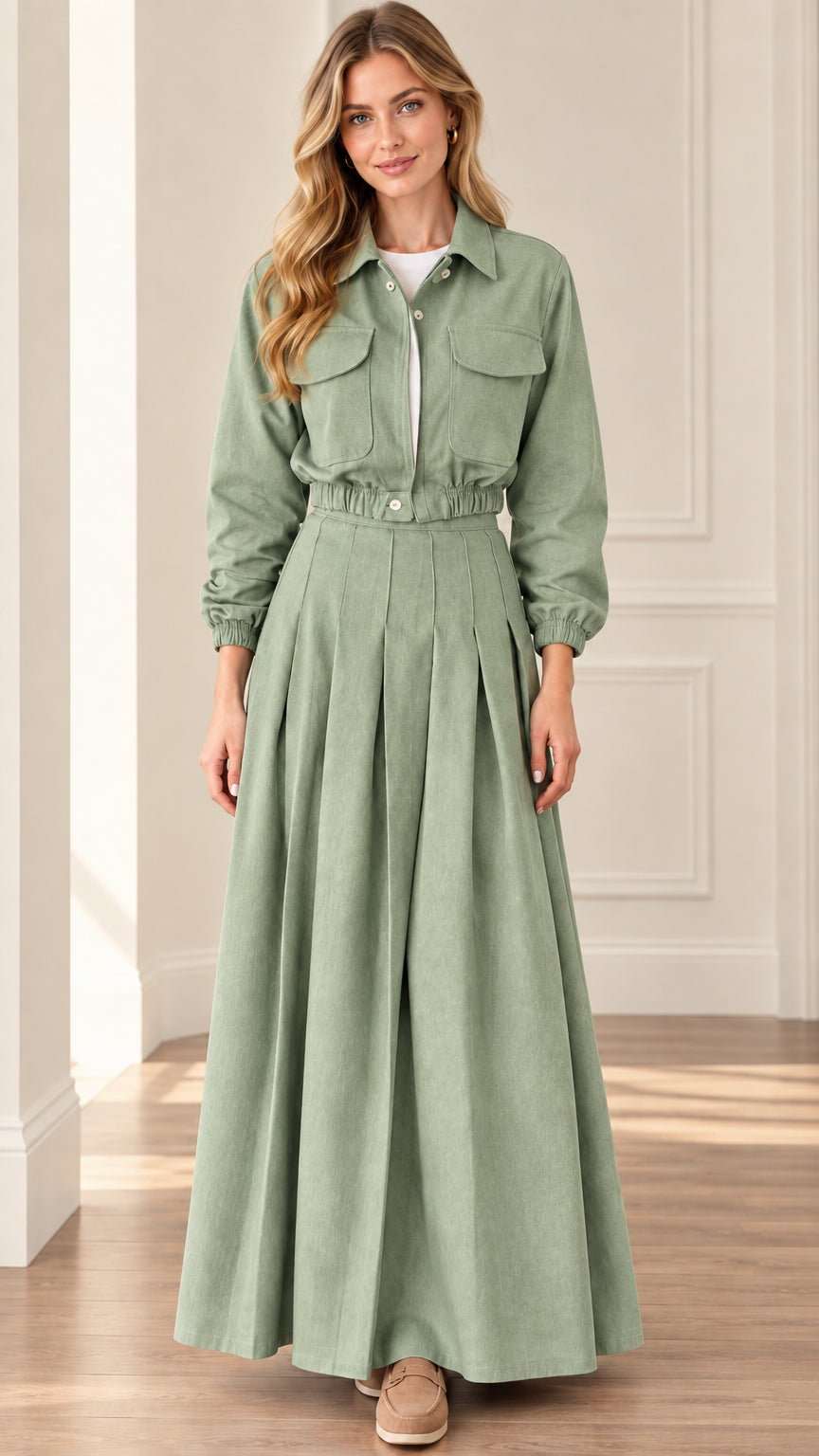 Women's sage green utility shirt and pleated maxi skirt two-piece set
