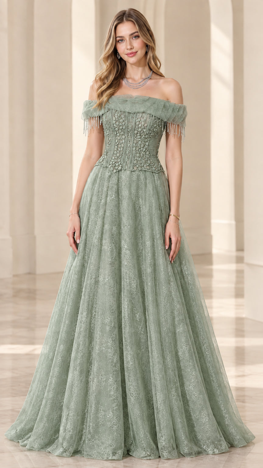 Sage green off-the-shoulder lace corset evening dress