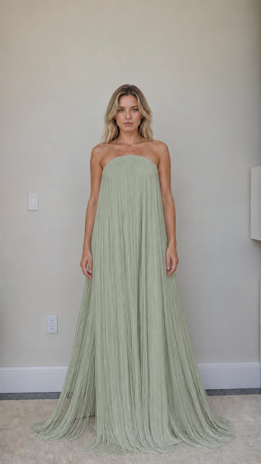 Front view of sage green strapless fringe maxi dress