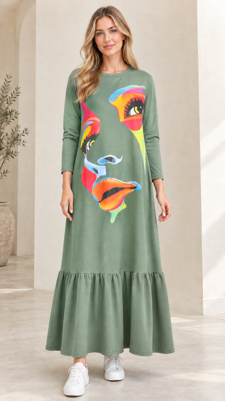 Full-length view of woman wearing Sage Green abstract graphic print tiered maxi dress