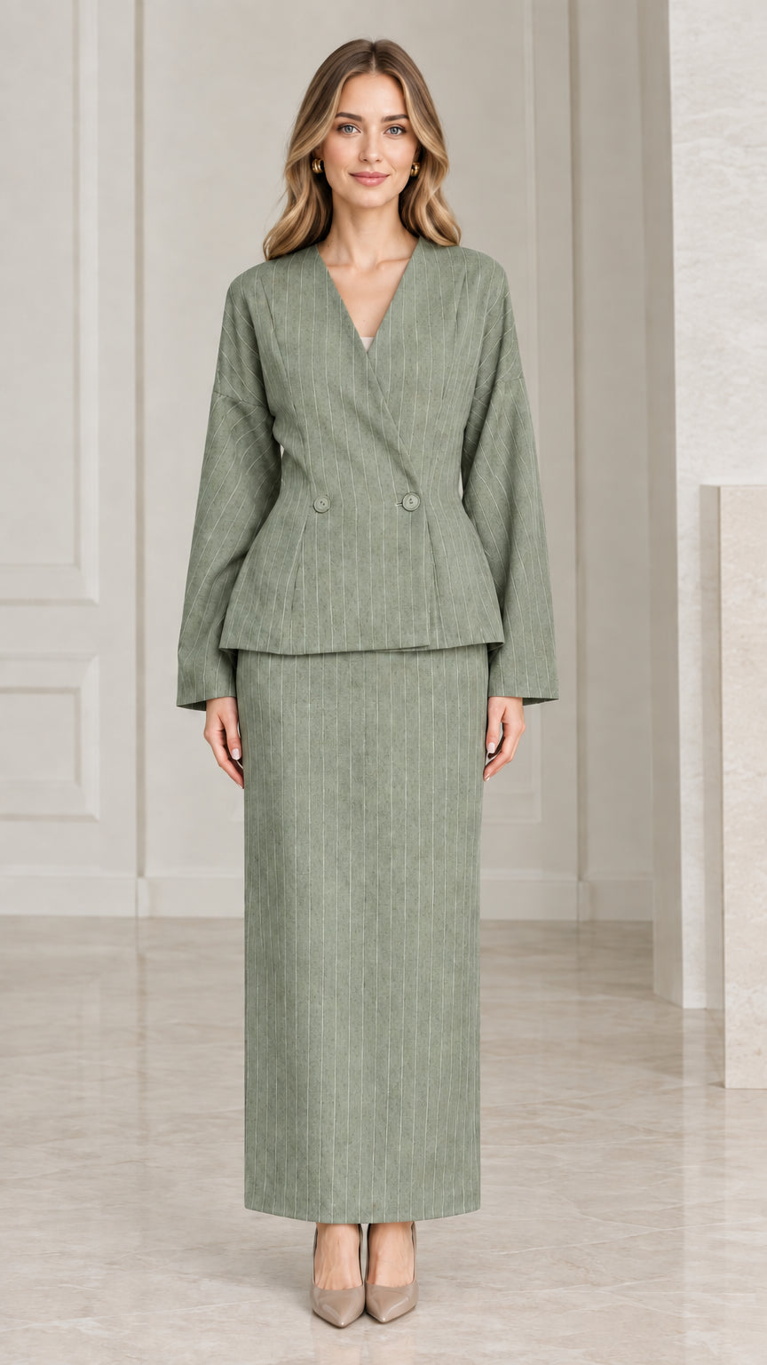 Sage green pinstripe two-piece office skirt suit front view