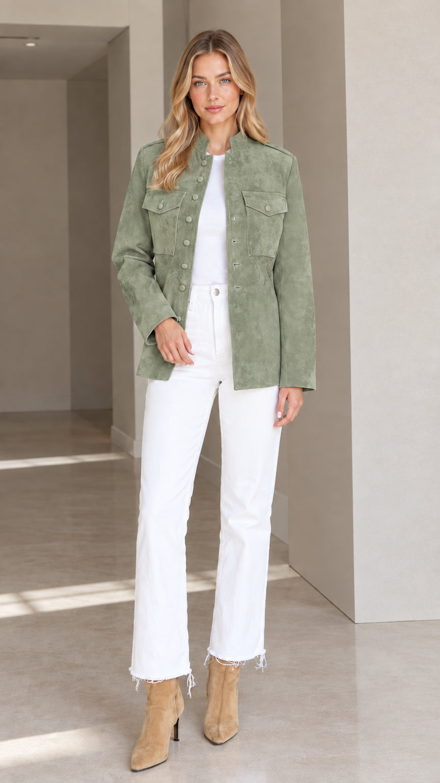 Front view of woman wearing Sage Green faux suede tailored jacket