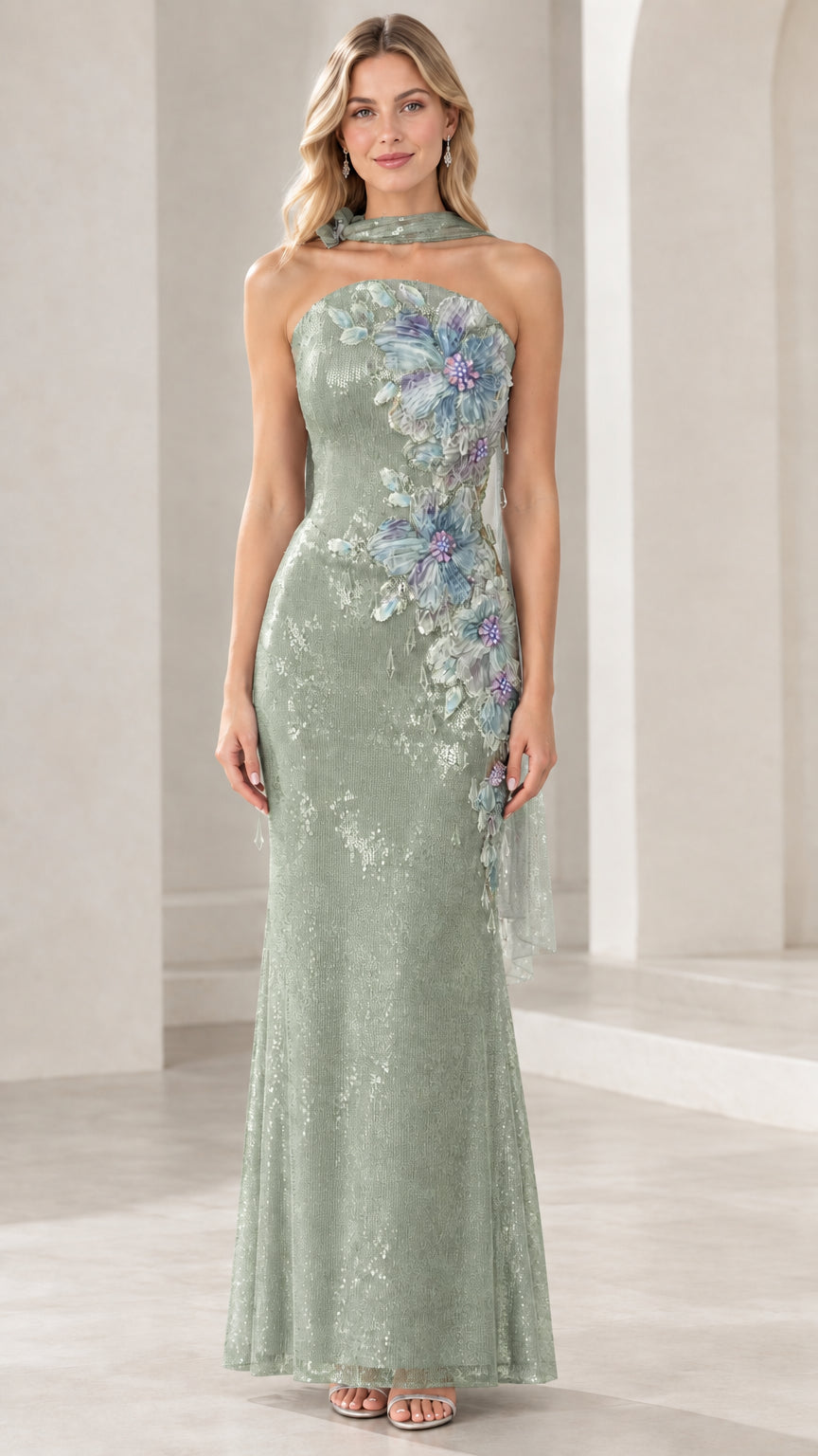Sage green strapless sequin column gown with floral appliqué and matching scarf