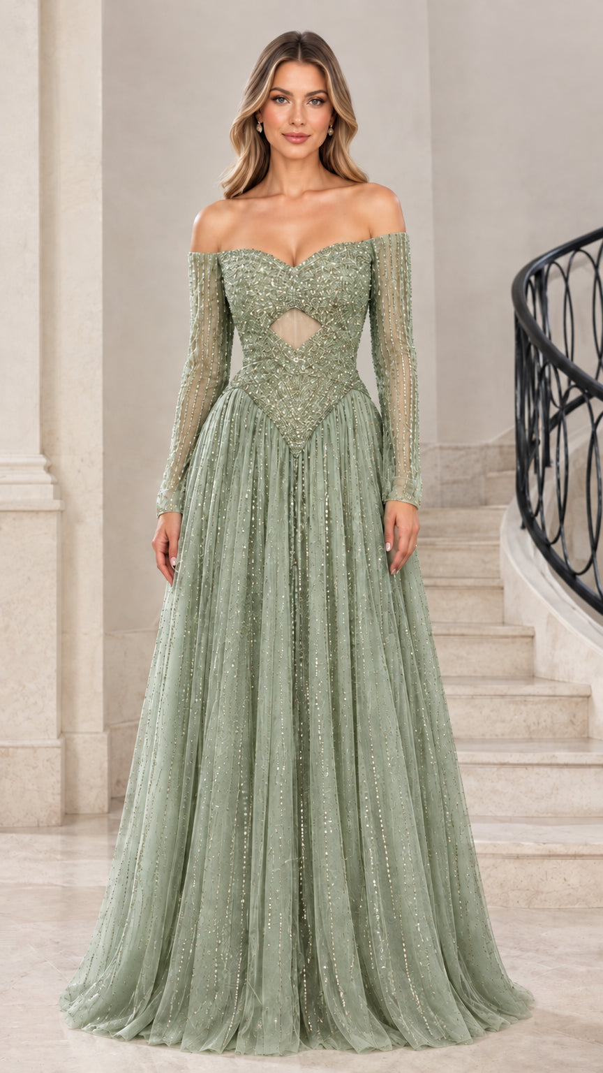 Sage Green off-the-shoulder long sleeve beaded evening dress front view