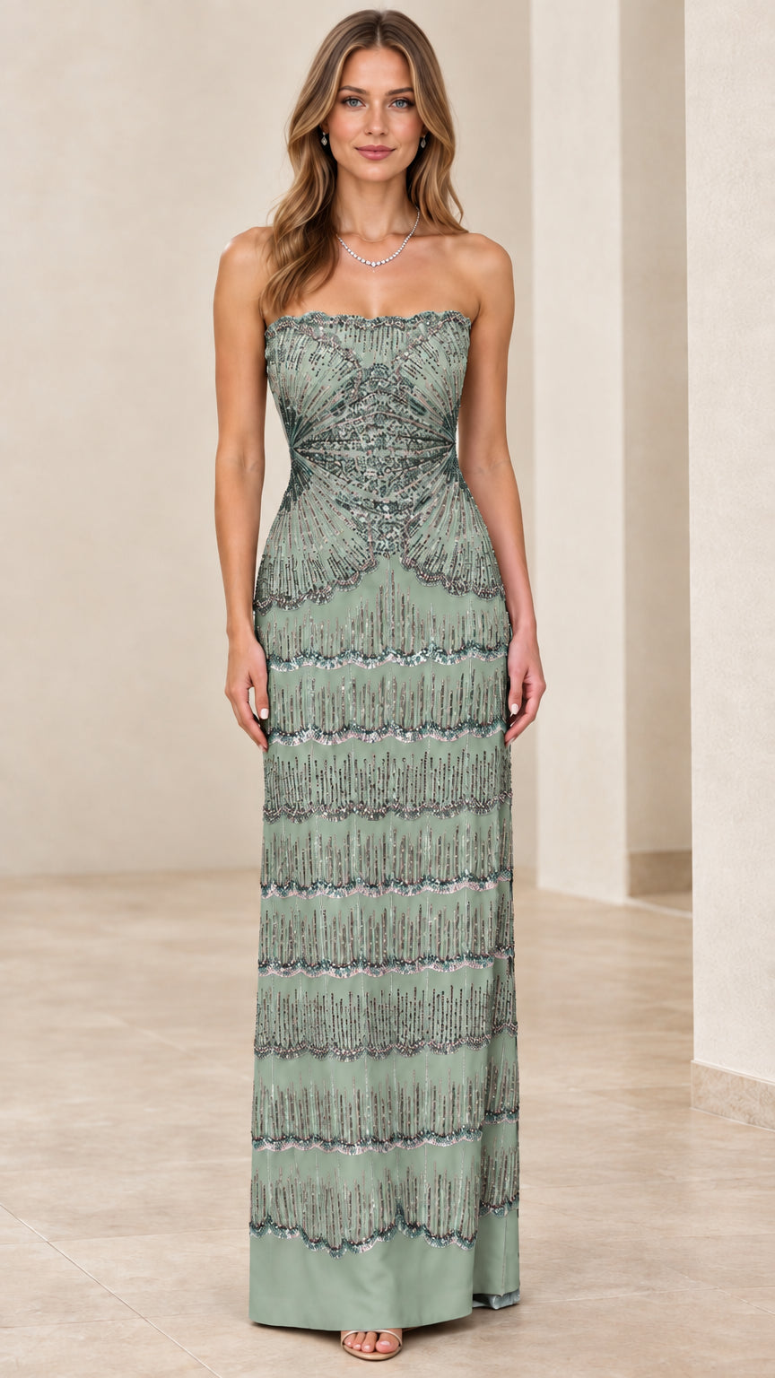 Sage green strapless embellished formal gown