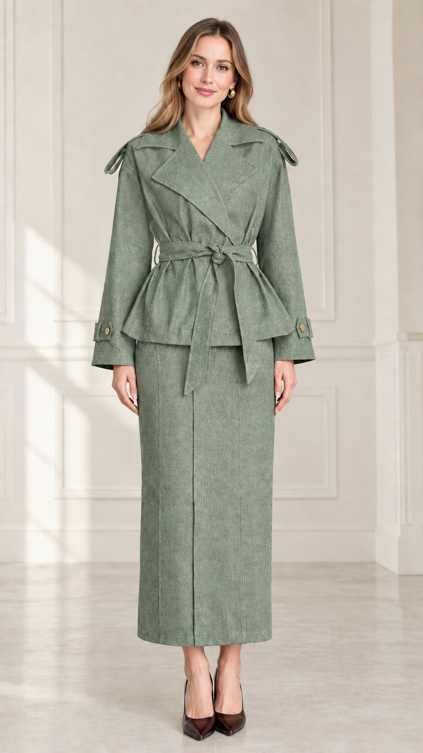 Front full-length view of women's sage green belted jacket and long skirt matching set