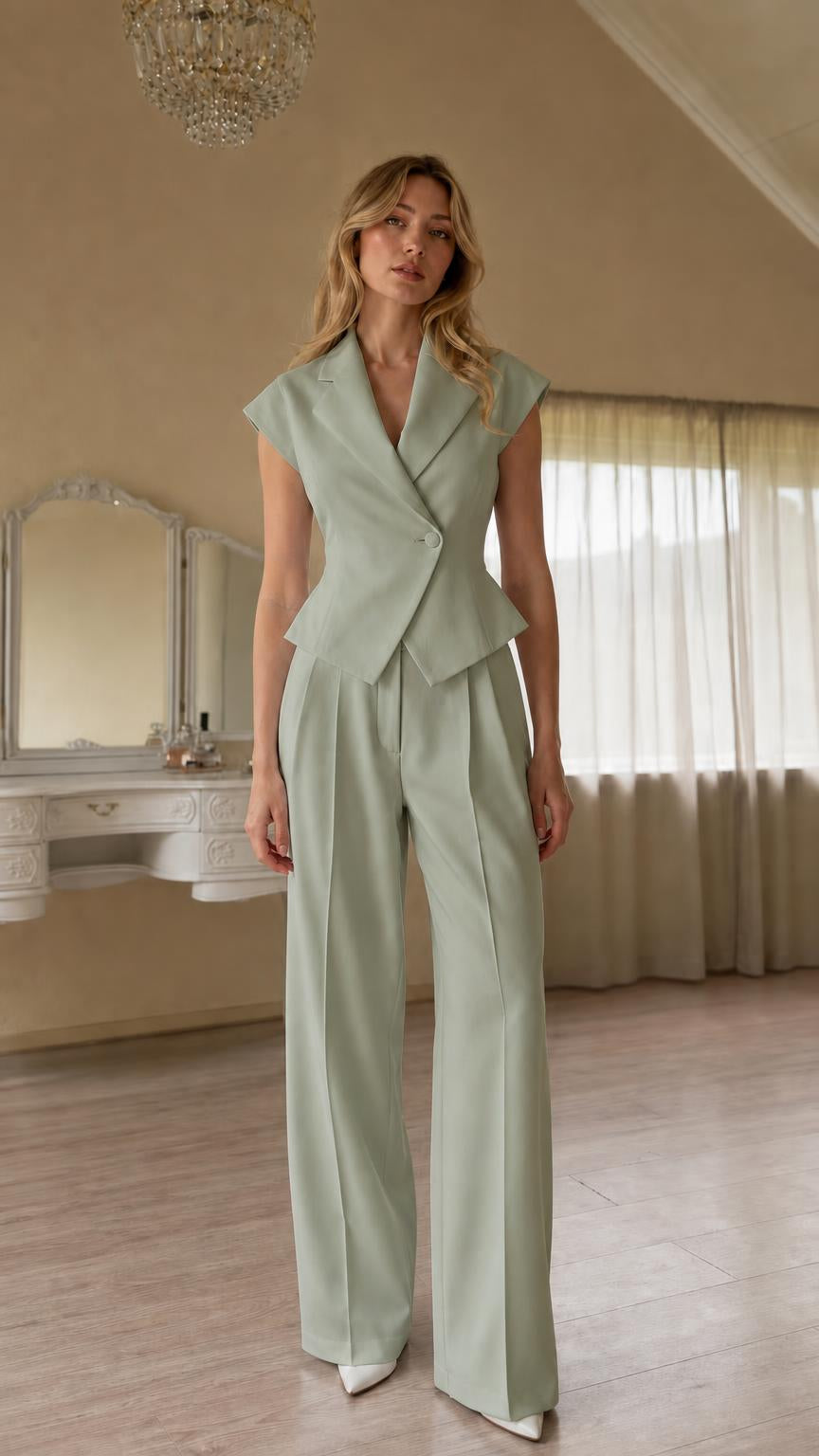 Full view of sage green color variant two-piece pants set