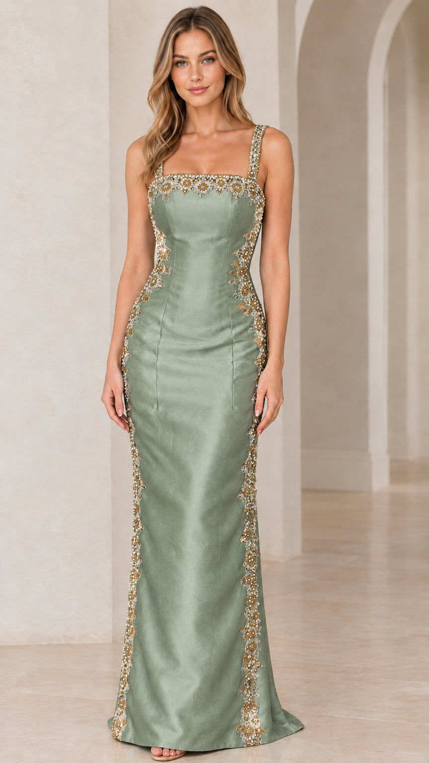 Front view of woman wearing Sage Green square neck formal dress with gold beadwork