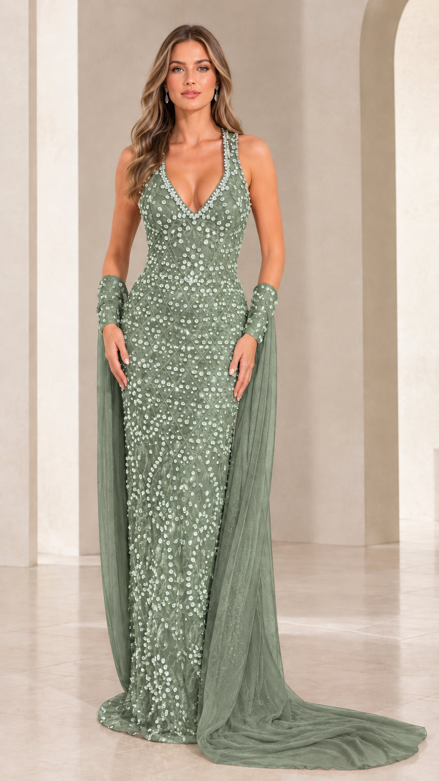 Sage Green embellished V-neck gala dress with draped streamer cuffs