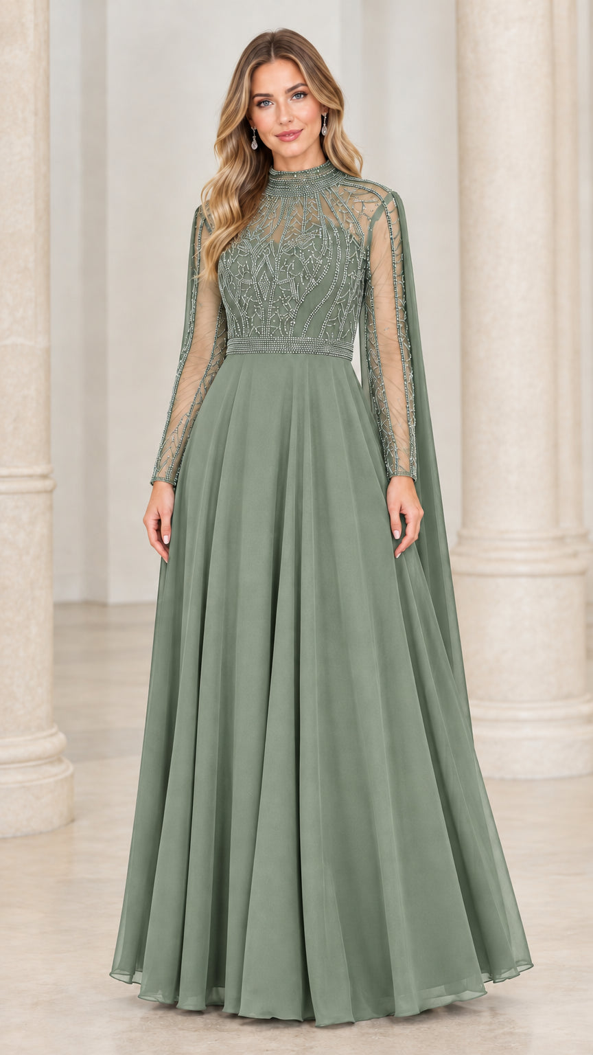 Front full-length view of sage green beaded illusion long sleeve maxi dress