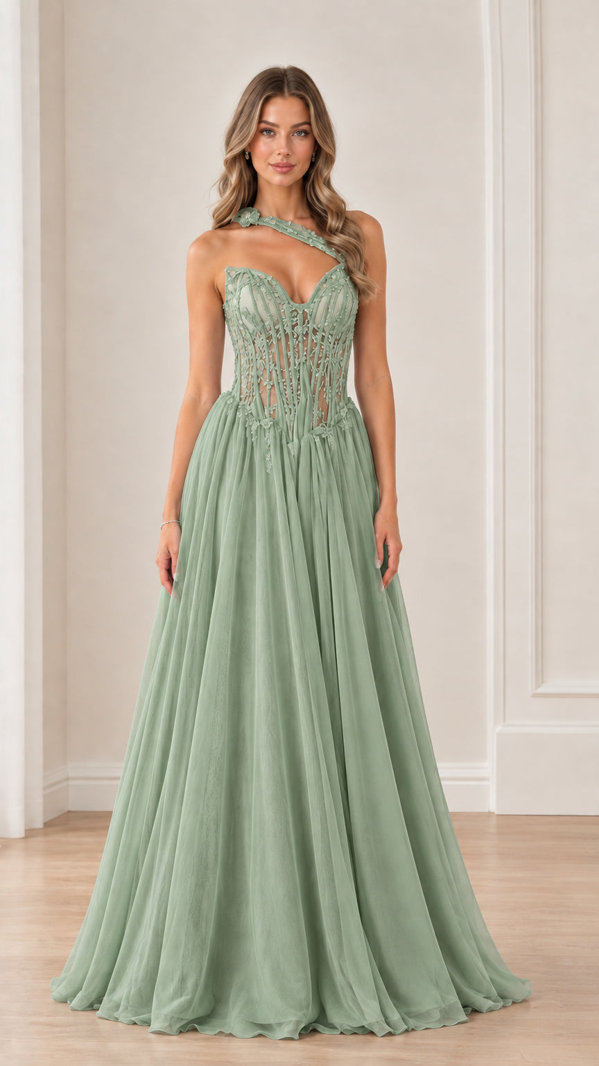 Model wearing Sage Green one-shoulder corset formal dress