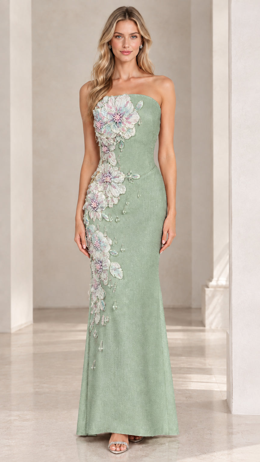 Front view of sage green strapless formal gown with floral details
