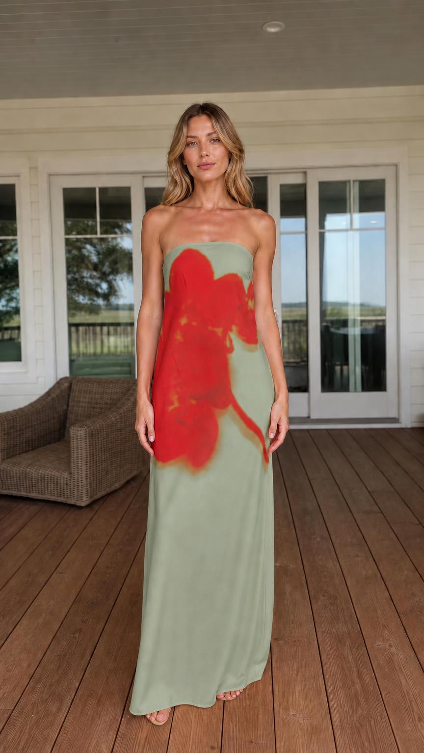 Woman wearing sage green strapless abstract floral maxi dress