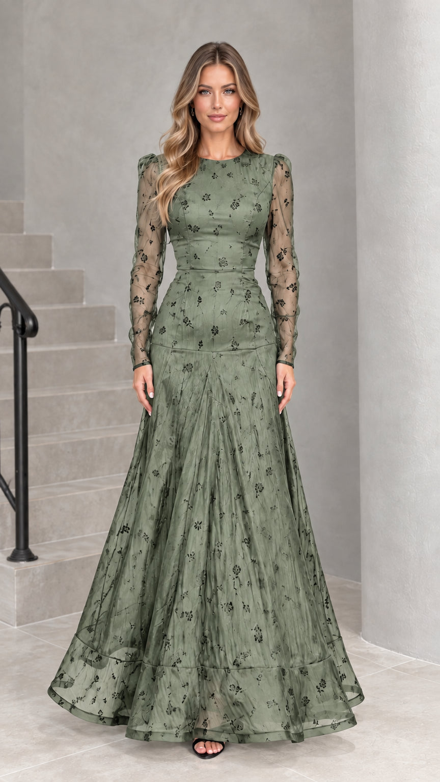 Sage green floral embroidered long sleeve maxi evening dress