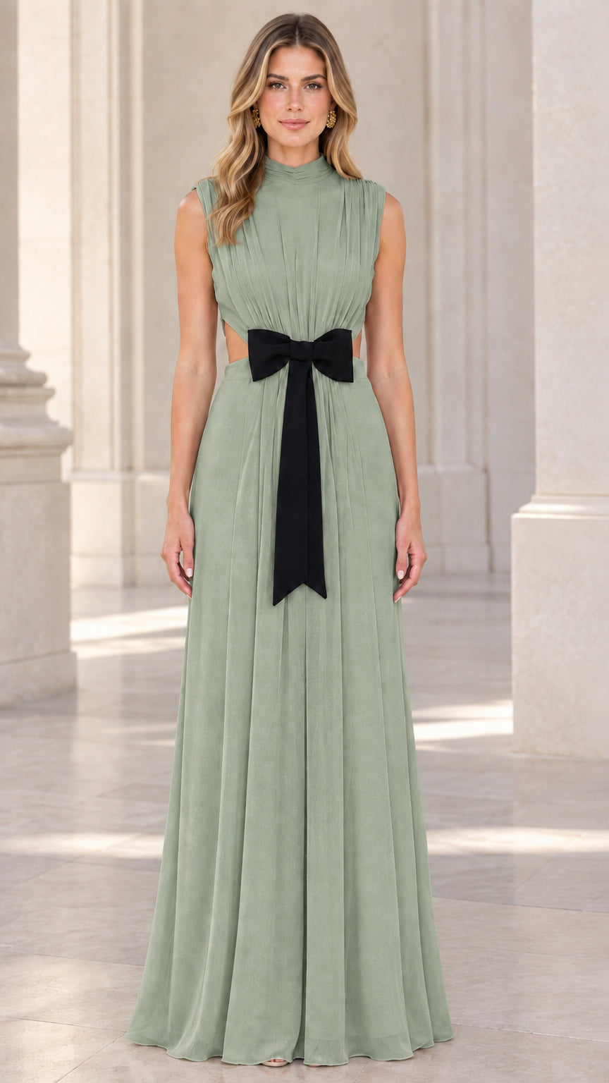 Front view of model wearing sage green pleated high neck maxi gown with bow