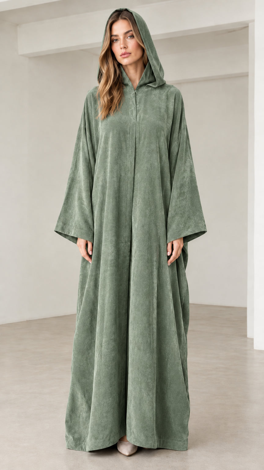 Sage green hooded full-length modest maxi dress