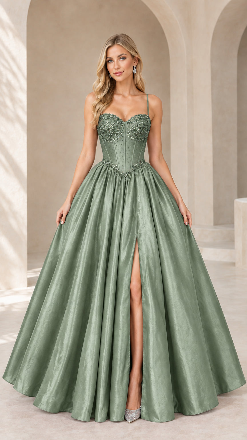 Front view of sage green beaded sweetheart ball gown with slit