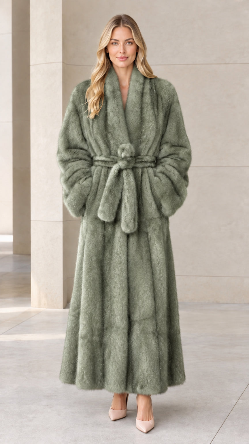 Front view of woman wearing sage green full-length faux fur coat
