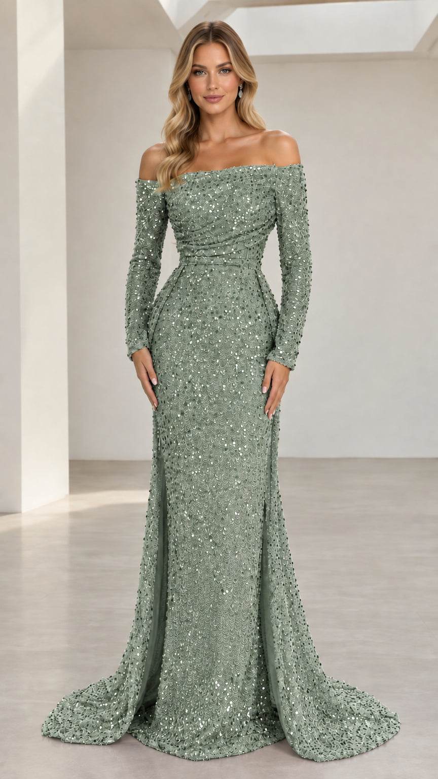Front view of sage green off-the-shoulder long sleeve sequin mermaid evening gown