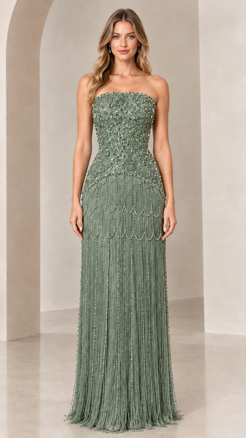 Front view of strapless beaded fringe evening gown in sage green