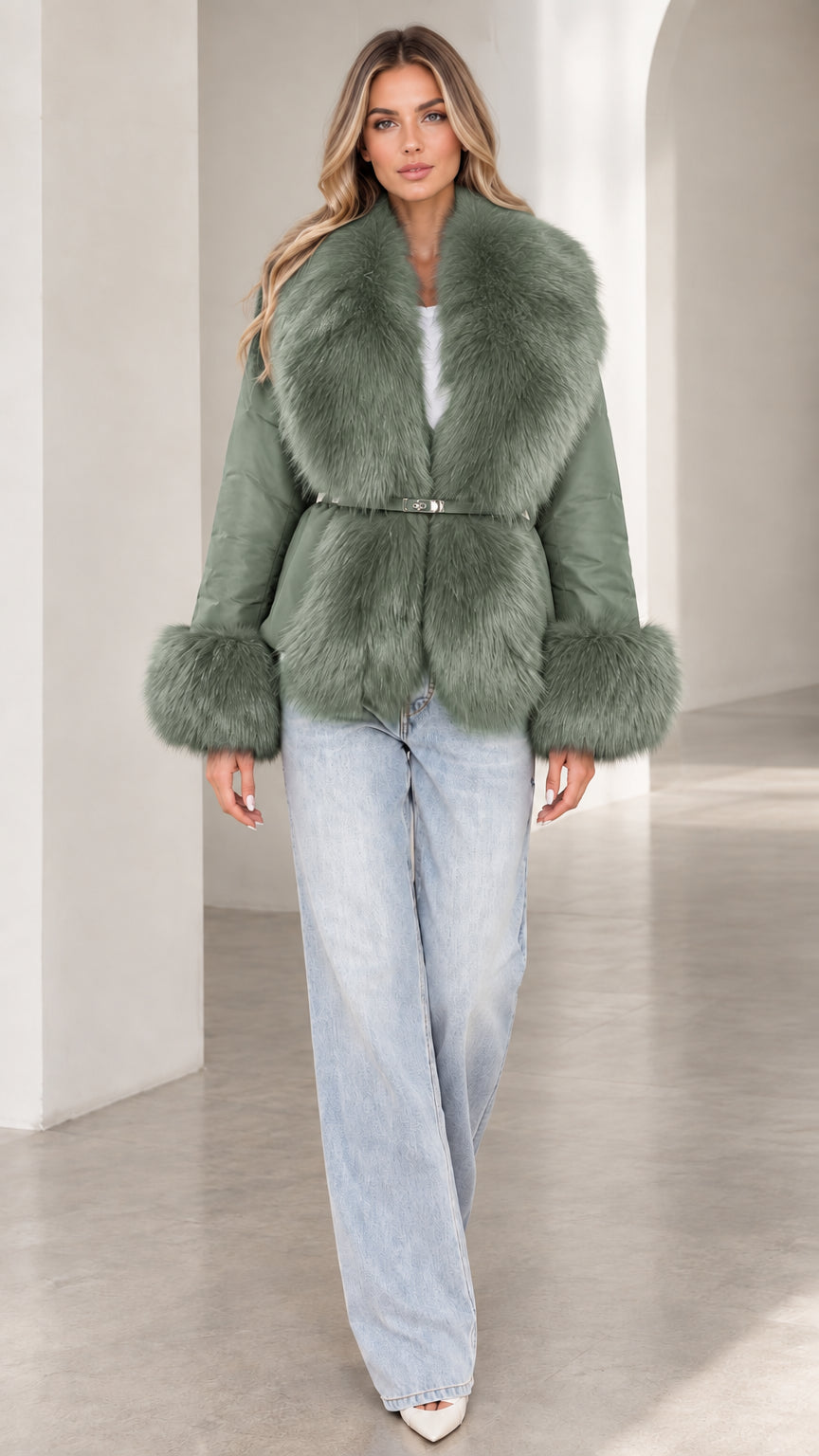 Model wearing sage green belted jacket with tonal plush faux fur collar and cuffs