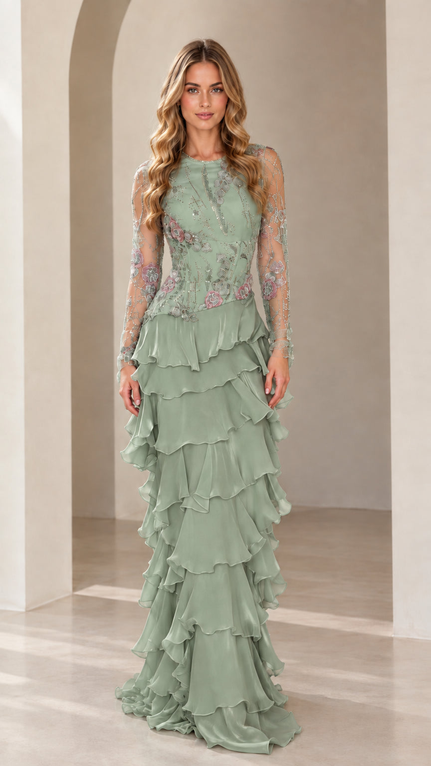 Front view of model wearing Sage Green embroidered illusion long sleeve evening gown