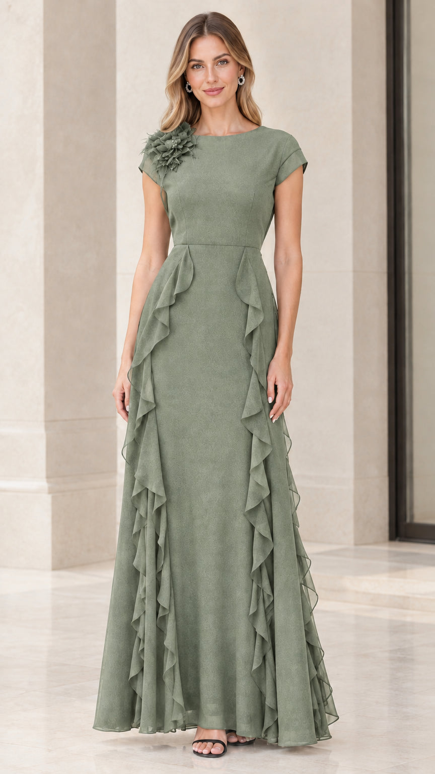 Front view of woman wearing sage green cap sleeve ruffle evening maxi dress