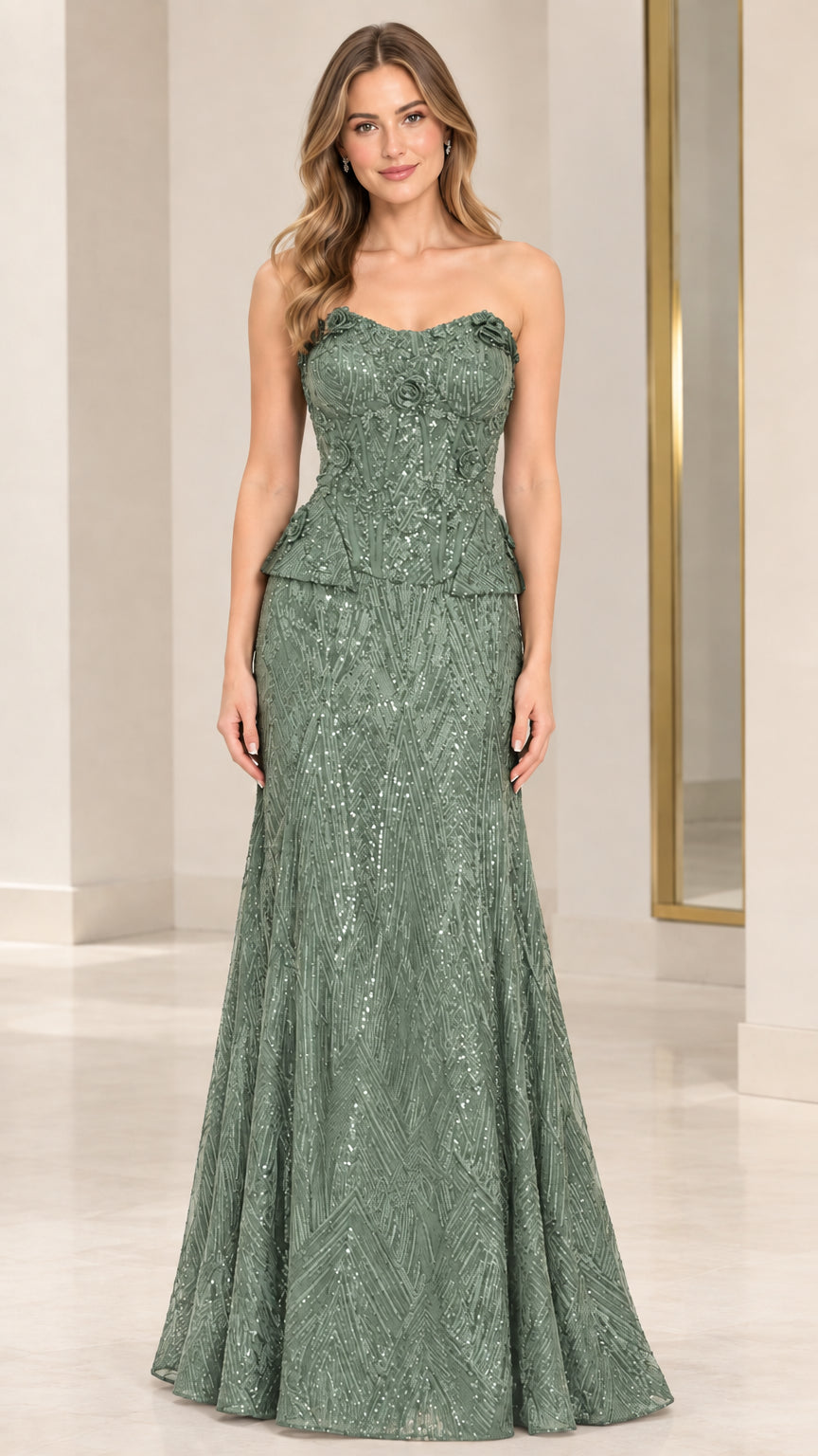 Sage Green strapless floral sequin mermaid evening gown front view