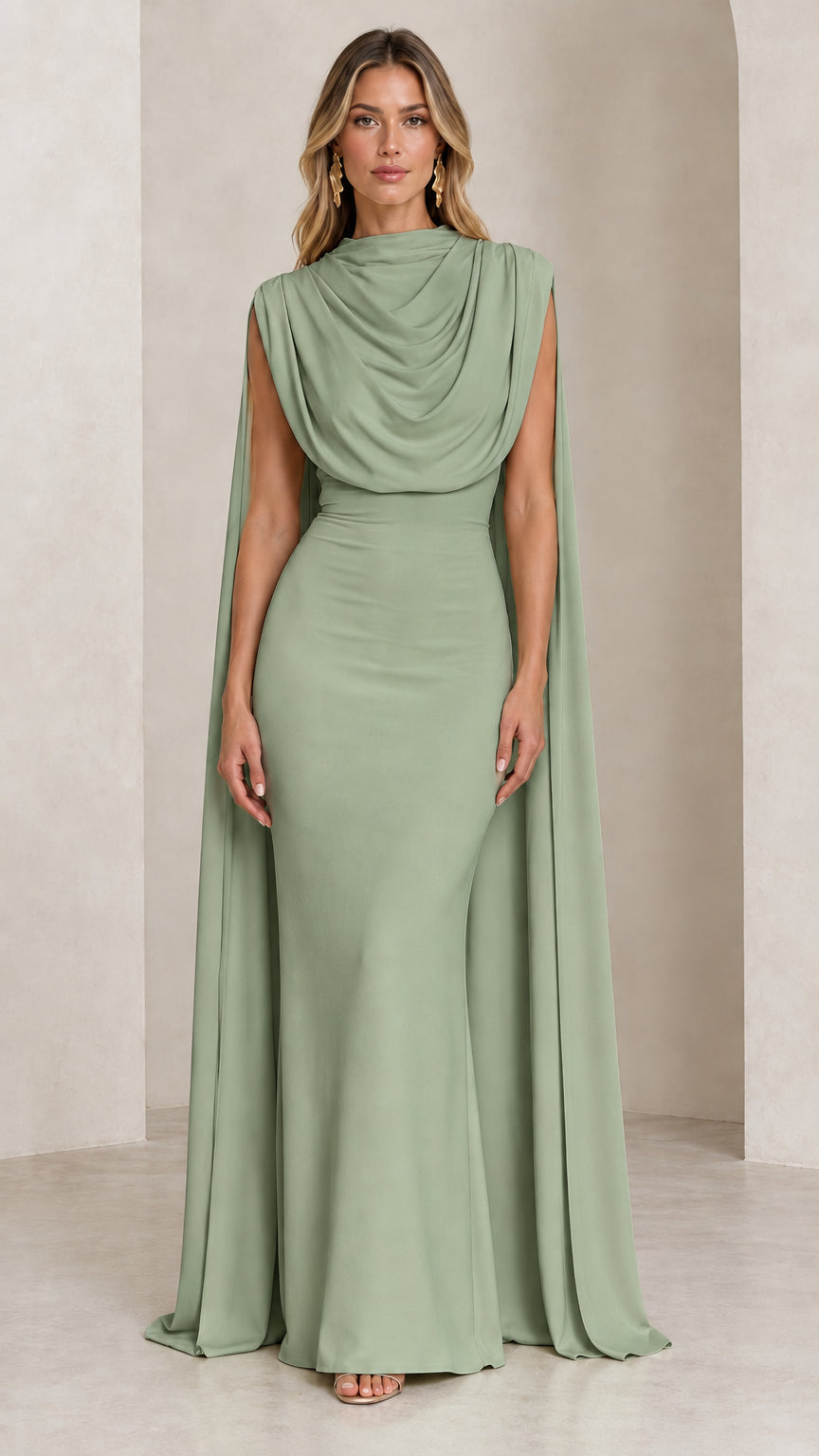 Front view of model wearing the sage green draped cowl neck cape evening gown