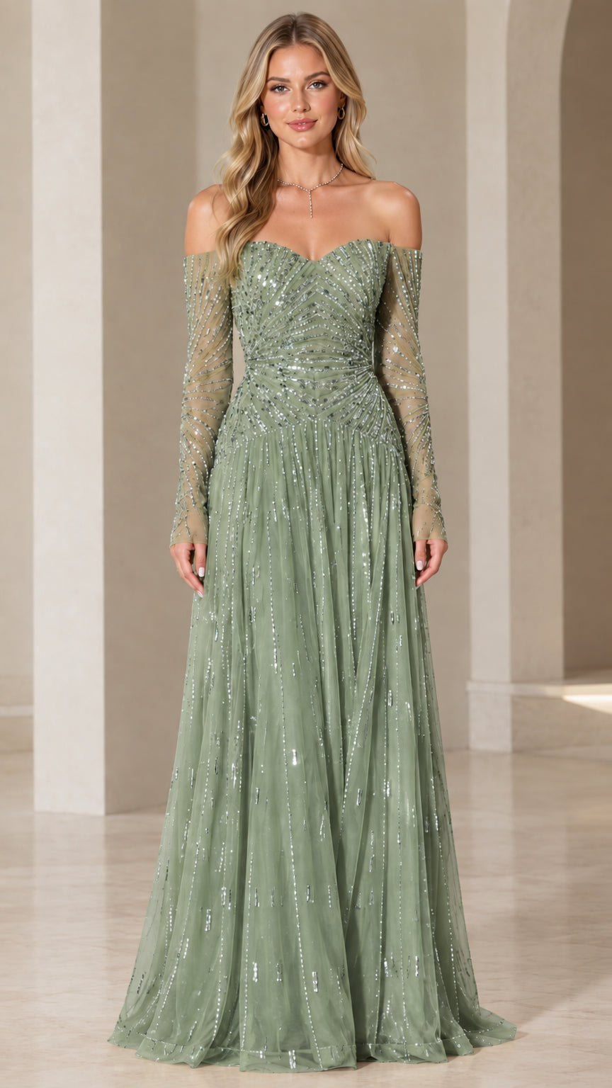 Front view of sage green off-the-shoulder sequin formal evening dress