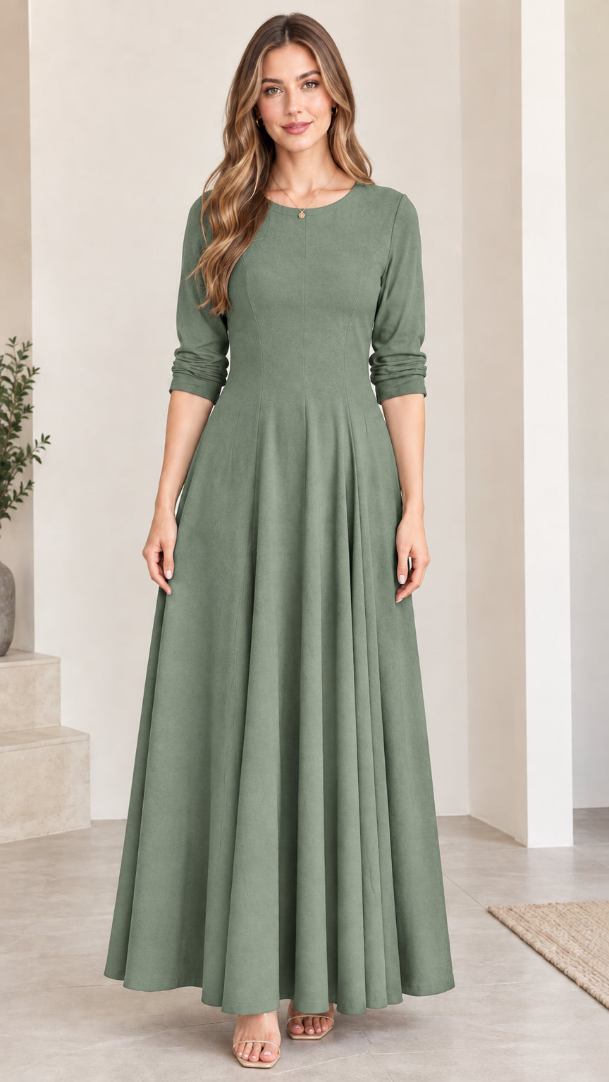 Front view of woman modeling sage green round neck maxi dress