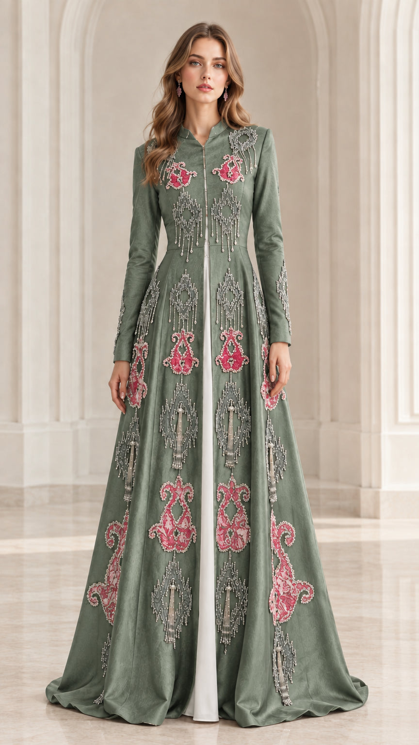 Full-length front view of sage green embroidered kaftan formal gown