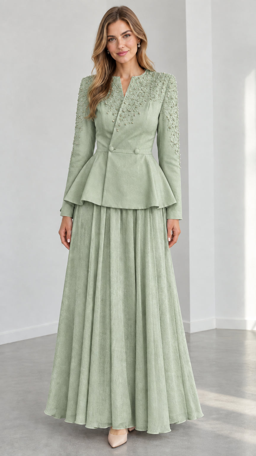 Sage Green beaded peplum evening dress set with pleated maxi skirt