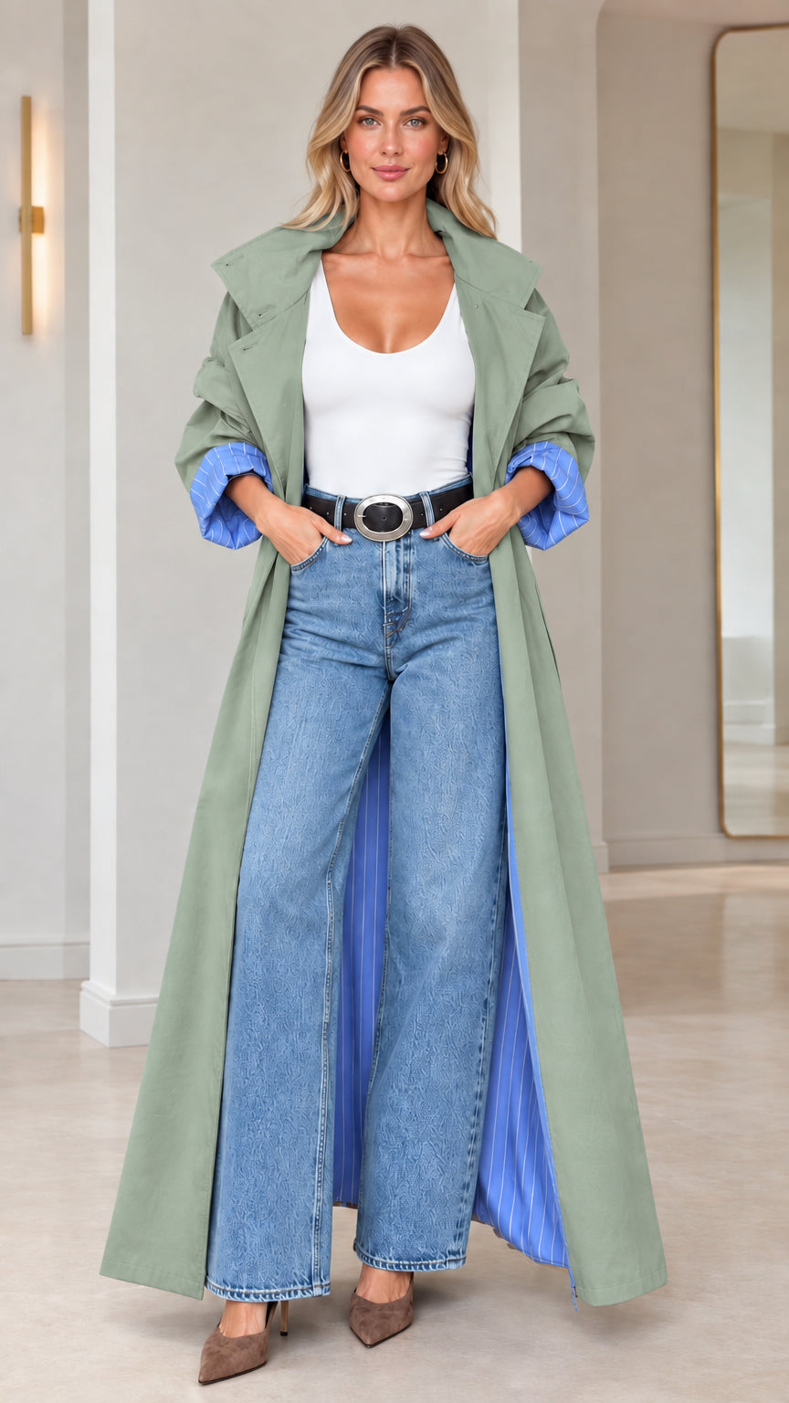 Full front view of sage green maxi trench coat with contrast blue pinstripe lining