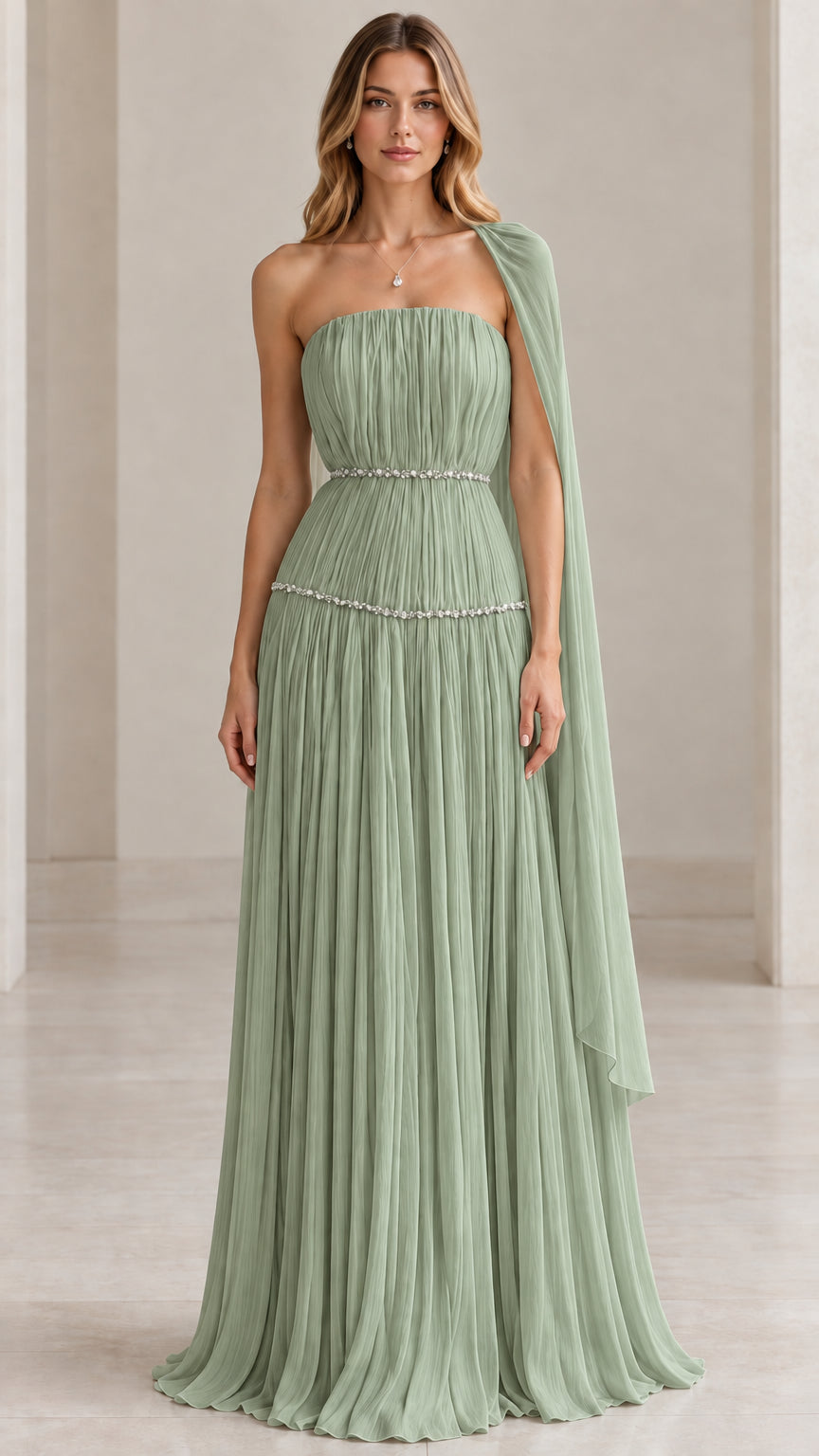 Model wearing sage green strapless pleated evening gown with flowing drape