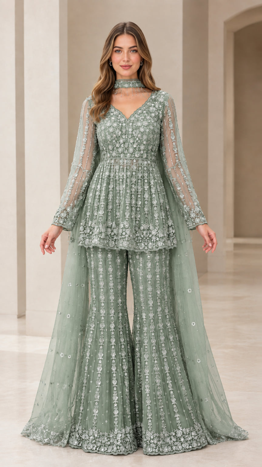 Sage Green floral embroidered evening sharara suit set