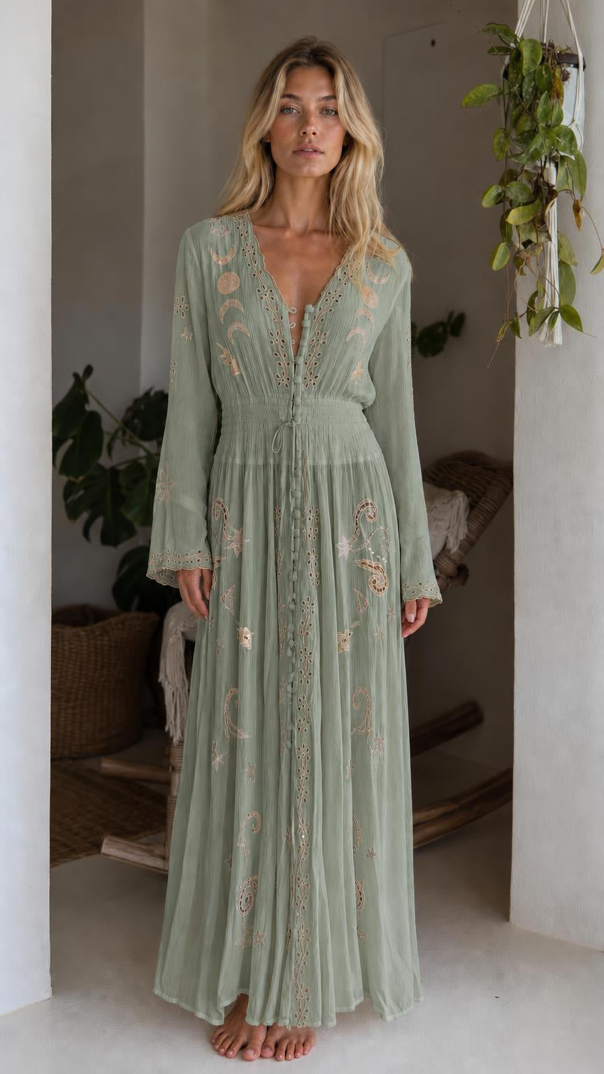 Front view of model wearing sage green celestial embroidered maxi dress