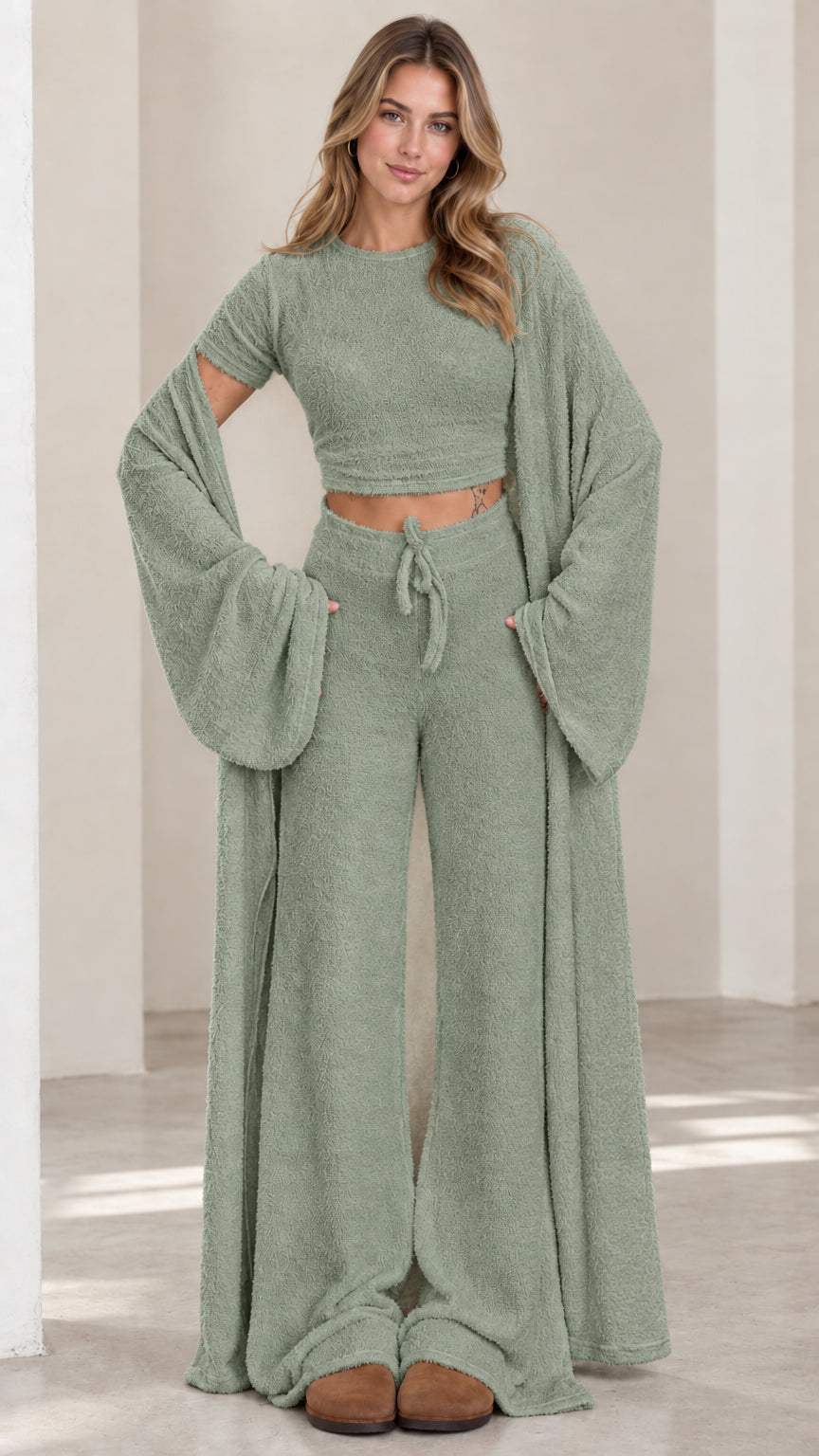 Sage green 3-piece soft knit lounge set with wide-leg pants and duster