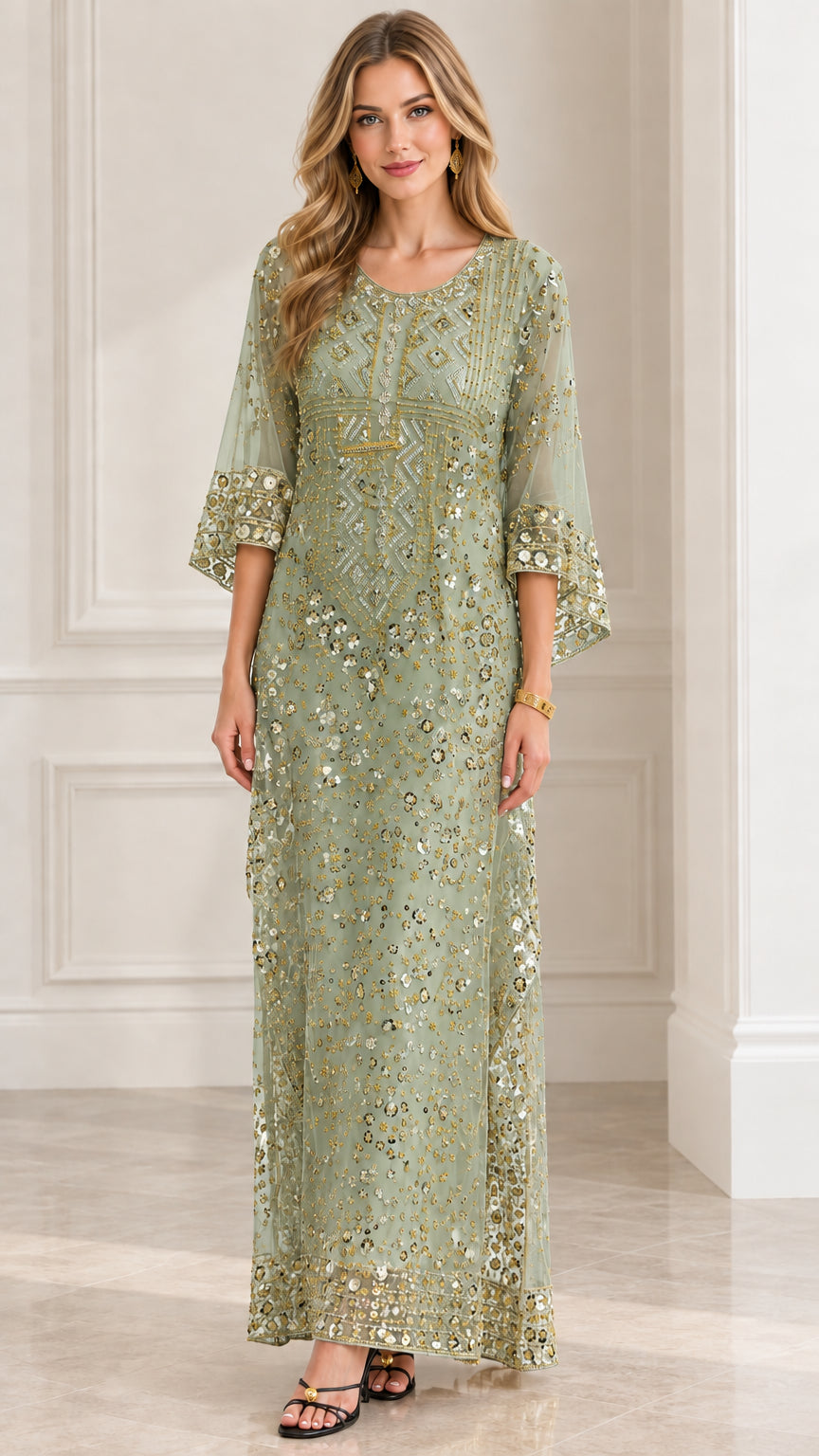 Model wearing Sage Green sequin embellished floor-length evening dress