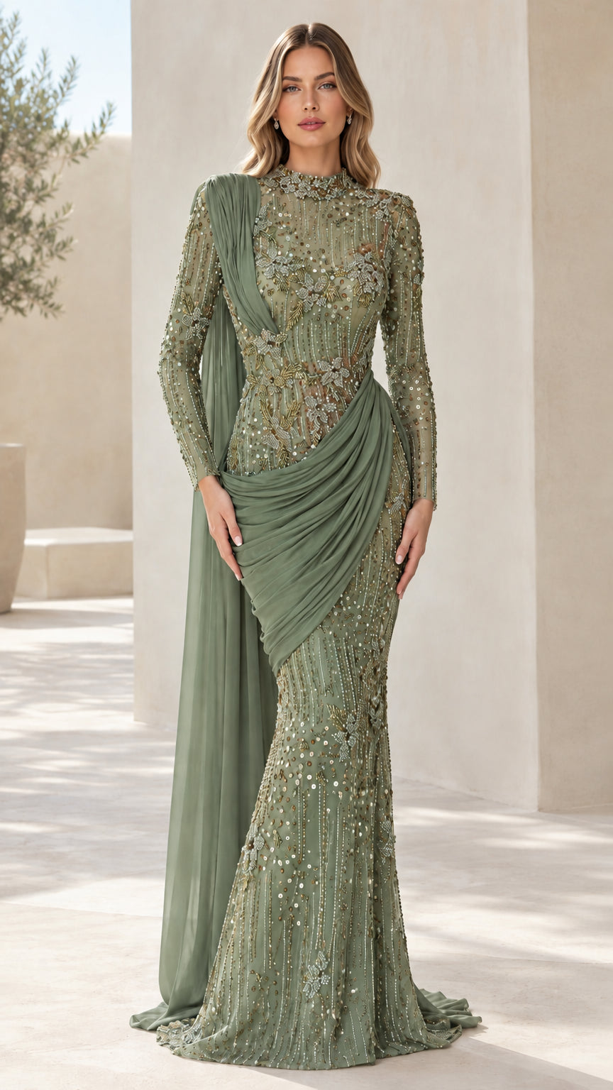Full front view of sage green beaded long sleeve evening gown