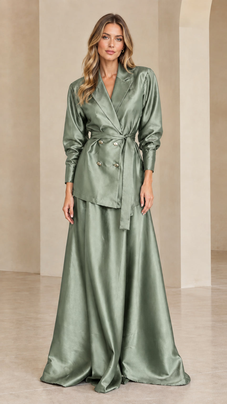 Woman wearing sage green satin blazer and floor-length skirt set