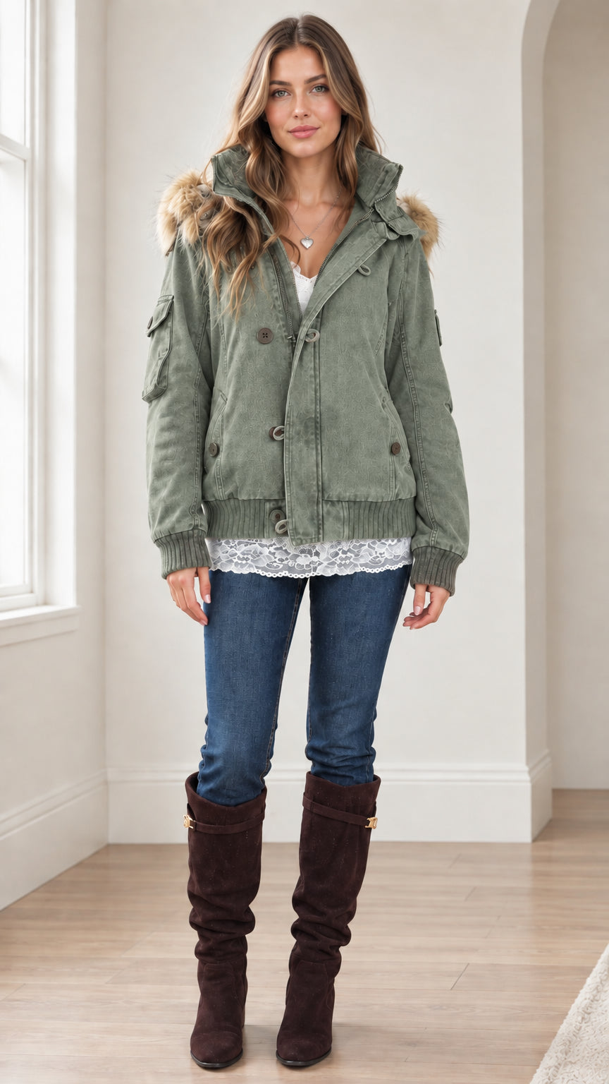 Front view of woman wearing Sage Green faux fur hooded utility bomber jacket