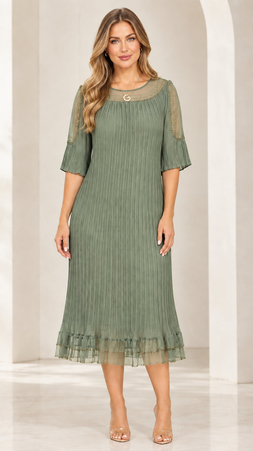 Front view of woman wearing Sage Green sheer mesh pleated midi dress