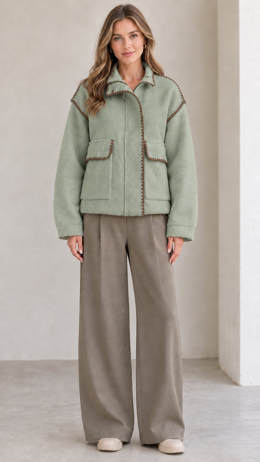 Model wearing sage green fleece jacket with brown contrast trim