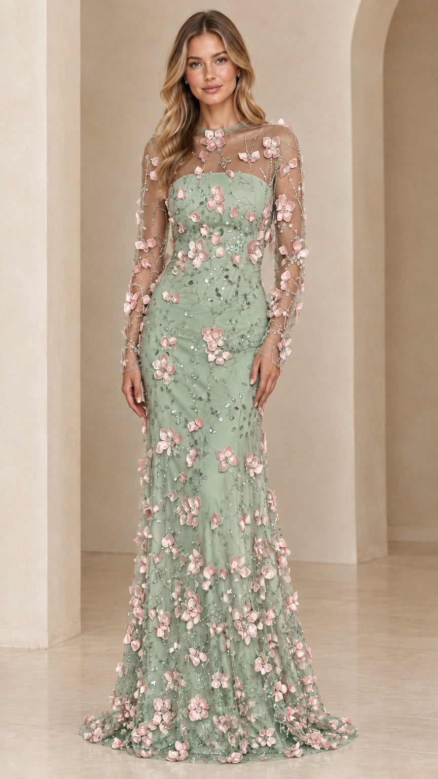Sage green 3D floral embroidered sheer sleeve mermaid gown