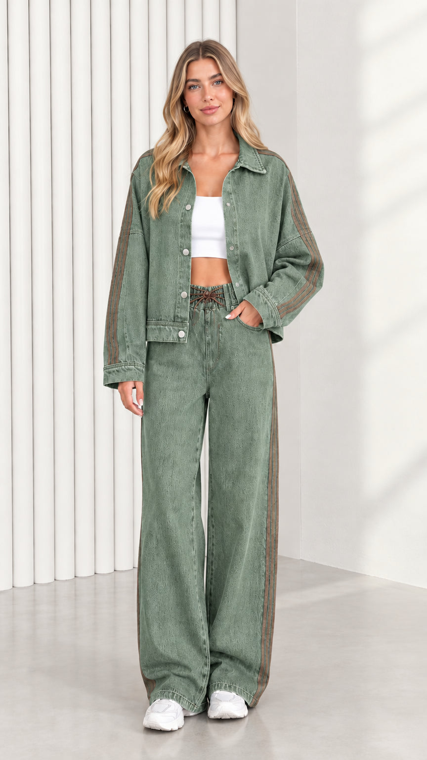 Model wearing Sage Green two piece denim jacket and pants co-ord set