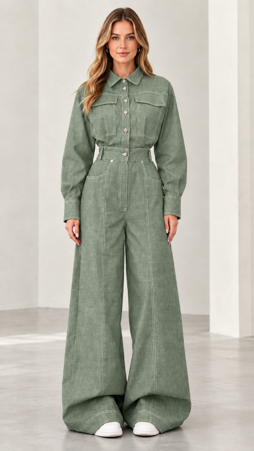 Front view of model wearing sage green wide leg denim jumpsuit with matching belt