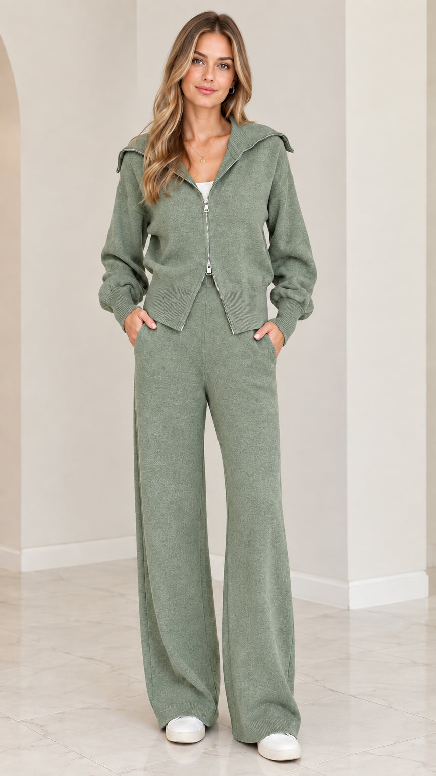 Front view of woman wearing sage green 2-piece knit loungewear set