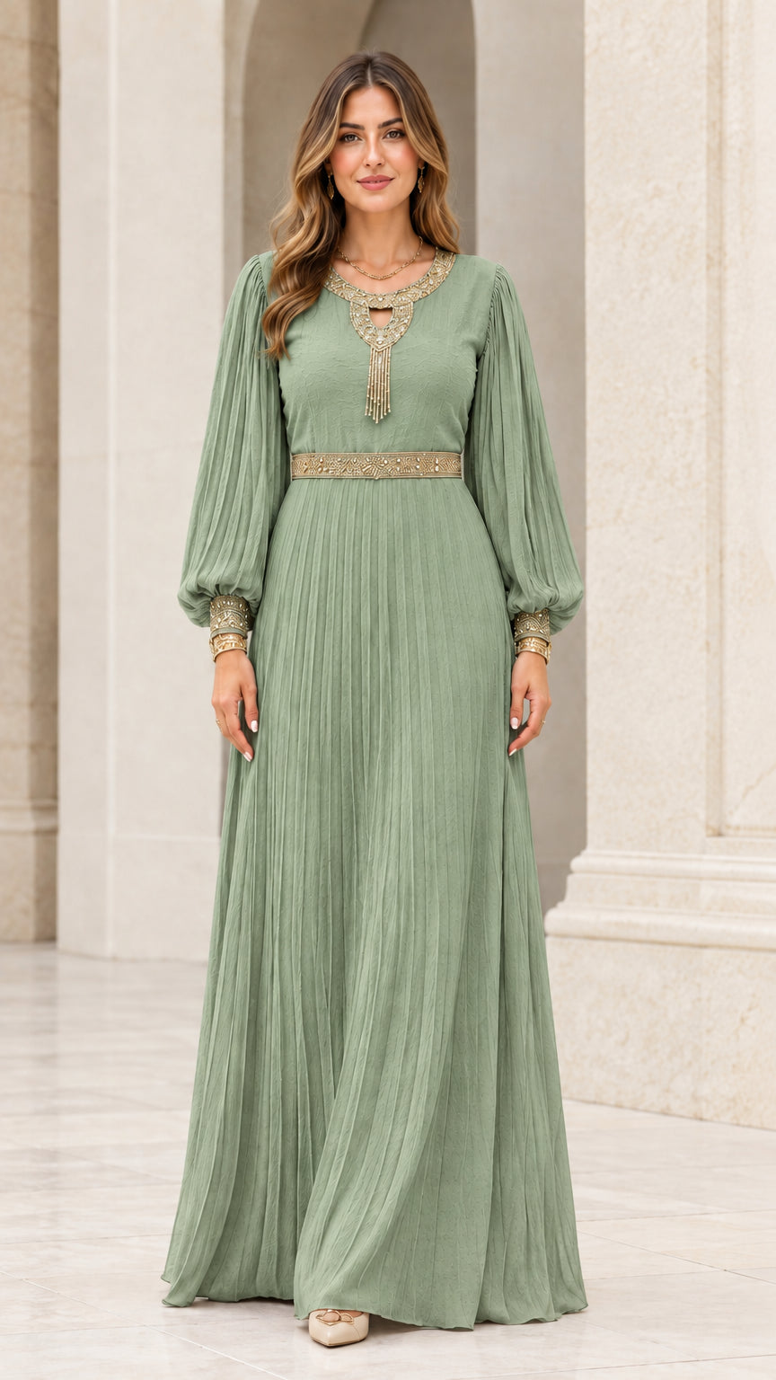 Front view of sage green pleated long sleeve maxi gown with gold trim