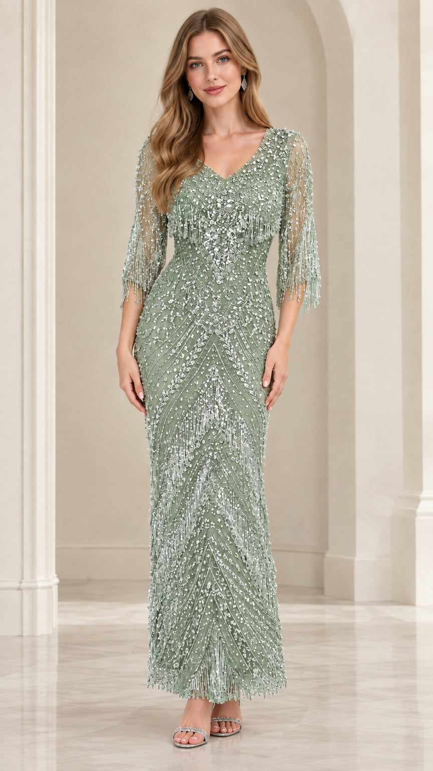 Front view of Sage Green embellished fringe evening gown